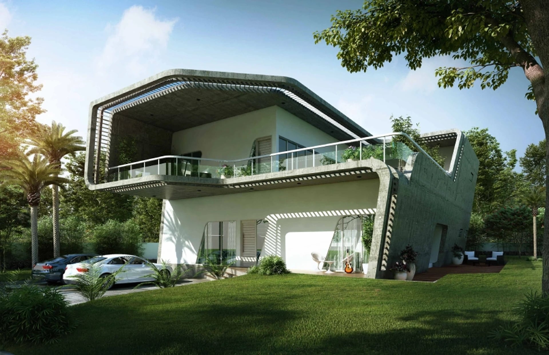 Contemporary villa with cantilevered upper floor and lawn
