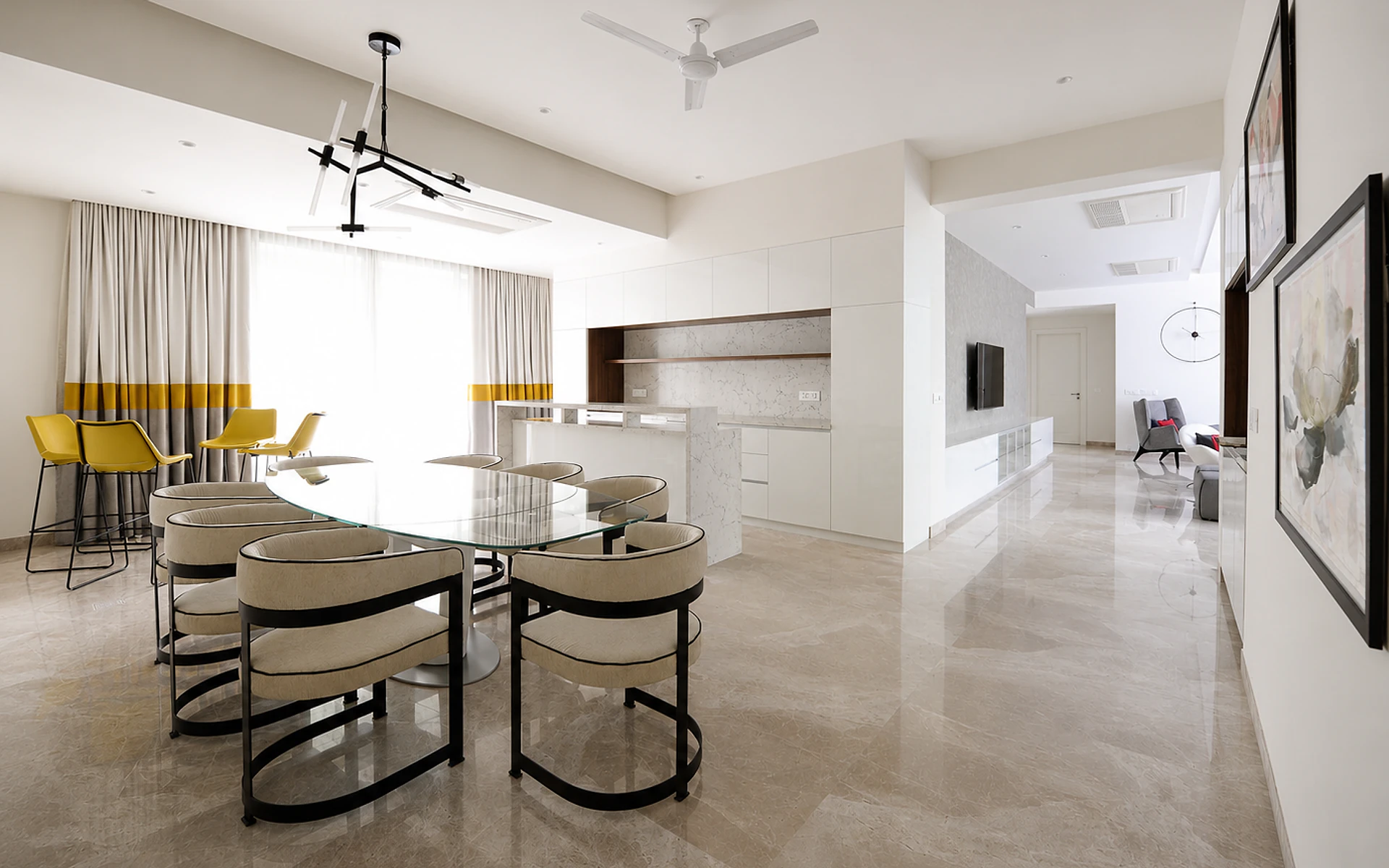 Bright dining interior with marble floors